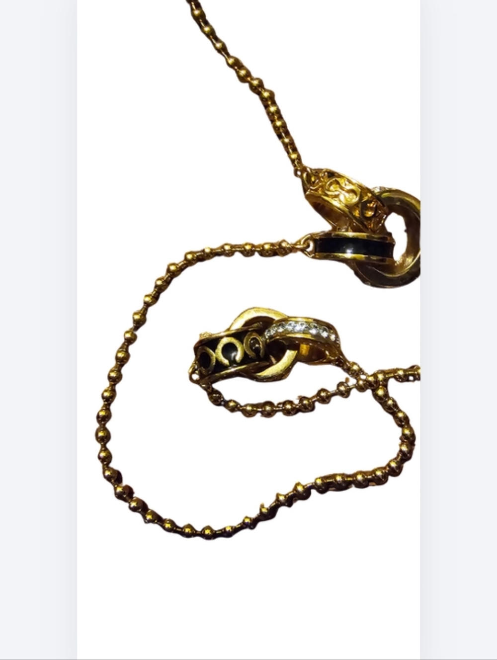 Coach Necklace Black Enamel Crystal Hoops Gold Tone